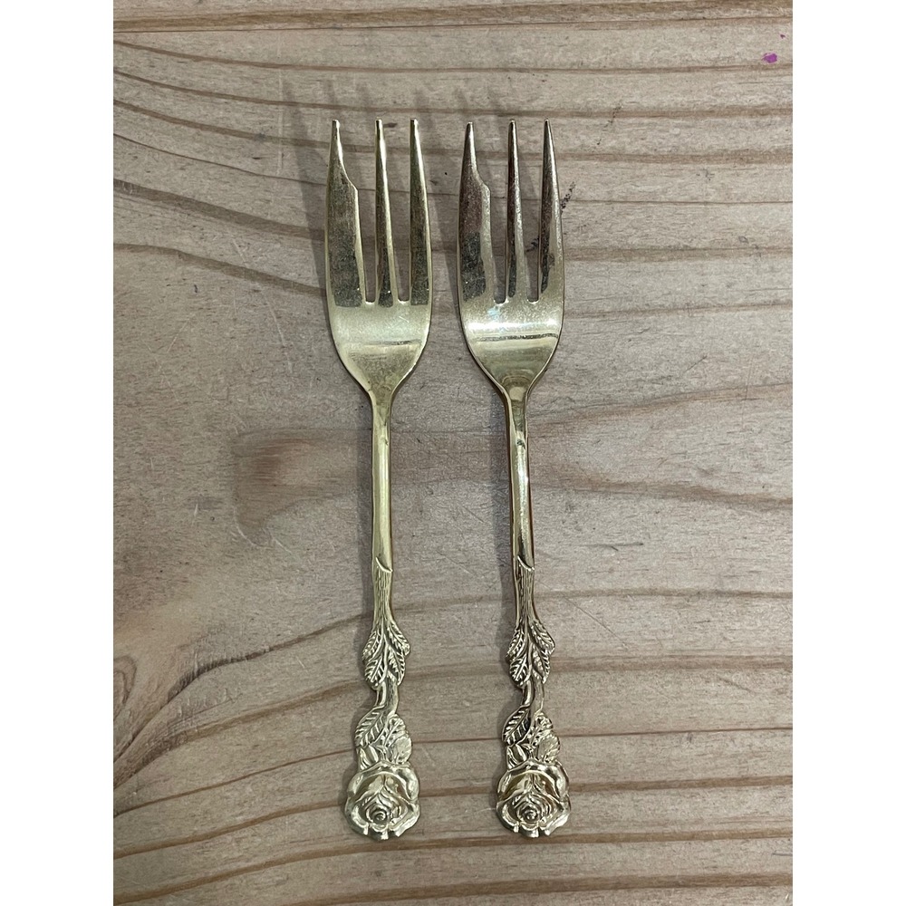 Vintage golden fork set flower handle floral decor with rose design SS Japan